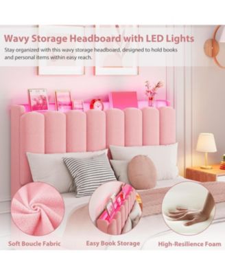 LED Twin XL Bed Frame with Storage Headboard, Boucle Upholstered Kids Bed with 2 Drawers, Wavy Bookcase Headboard