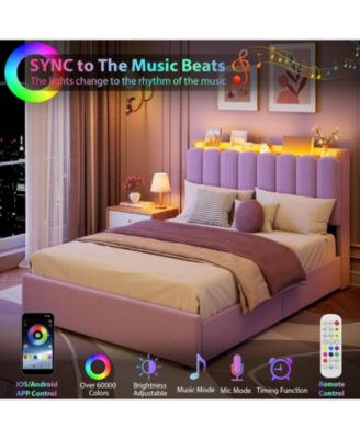 LED Twin XL Bed Frame with Storage Headboard, Boucle Upholstered Kids Bed with 2 Drawers, Wavy Bookcase Headboard - Full