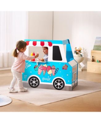 Ice Cream Cart for Kids, 20+ PCS Ice Cream Truck Wooden Playset, Pretend Play Stand with Steering Wheel & Chalkboard