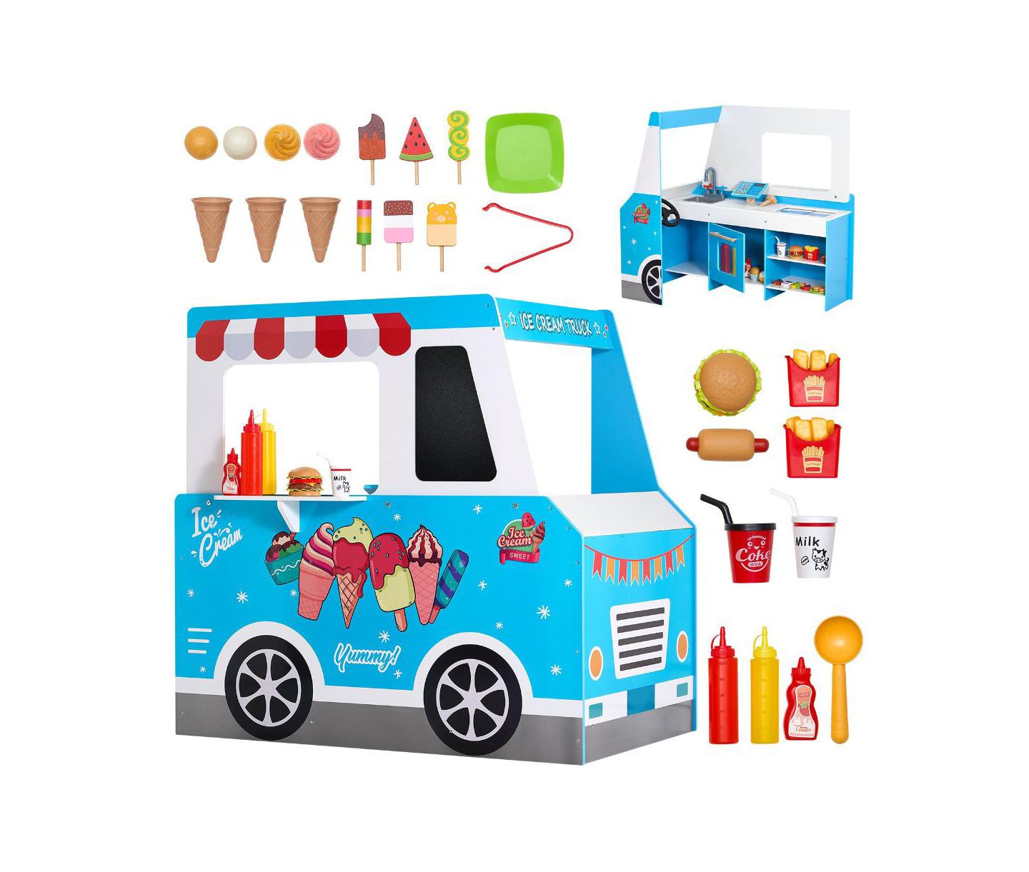 Детский игровой набор Slickblue Ice Cream Cart Steering Wheel & Chalkboard 20+ Piece Playset, от 3 лет, цвет: Синий — фото 1