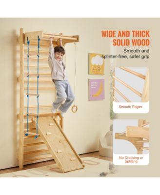 Swedish Ladder Wall Gym, 5-in-1 Indoor Climbing Set w/ Pull-Up Bar, Rings, Rope Ladder & Slide Board