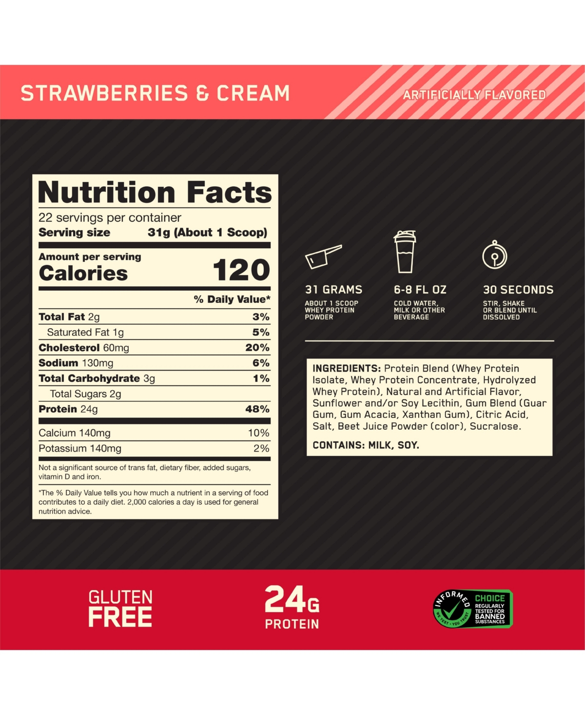 Optimum Nutrition, Gold Standard 100% Whey Protein Powder, Strawberries & Cream 1.5lb Tub