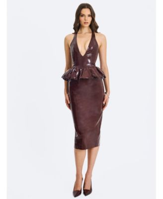 Women's Jaslene Mahogany Ruched Peplum Plunge Halter Midi Dress