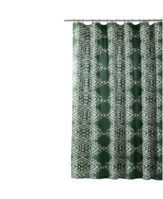 Green White Geometric Motif Cotton Poly Shower Curtain 72x72
