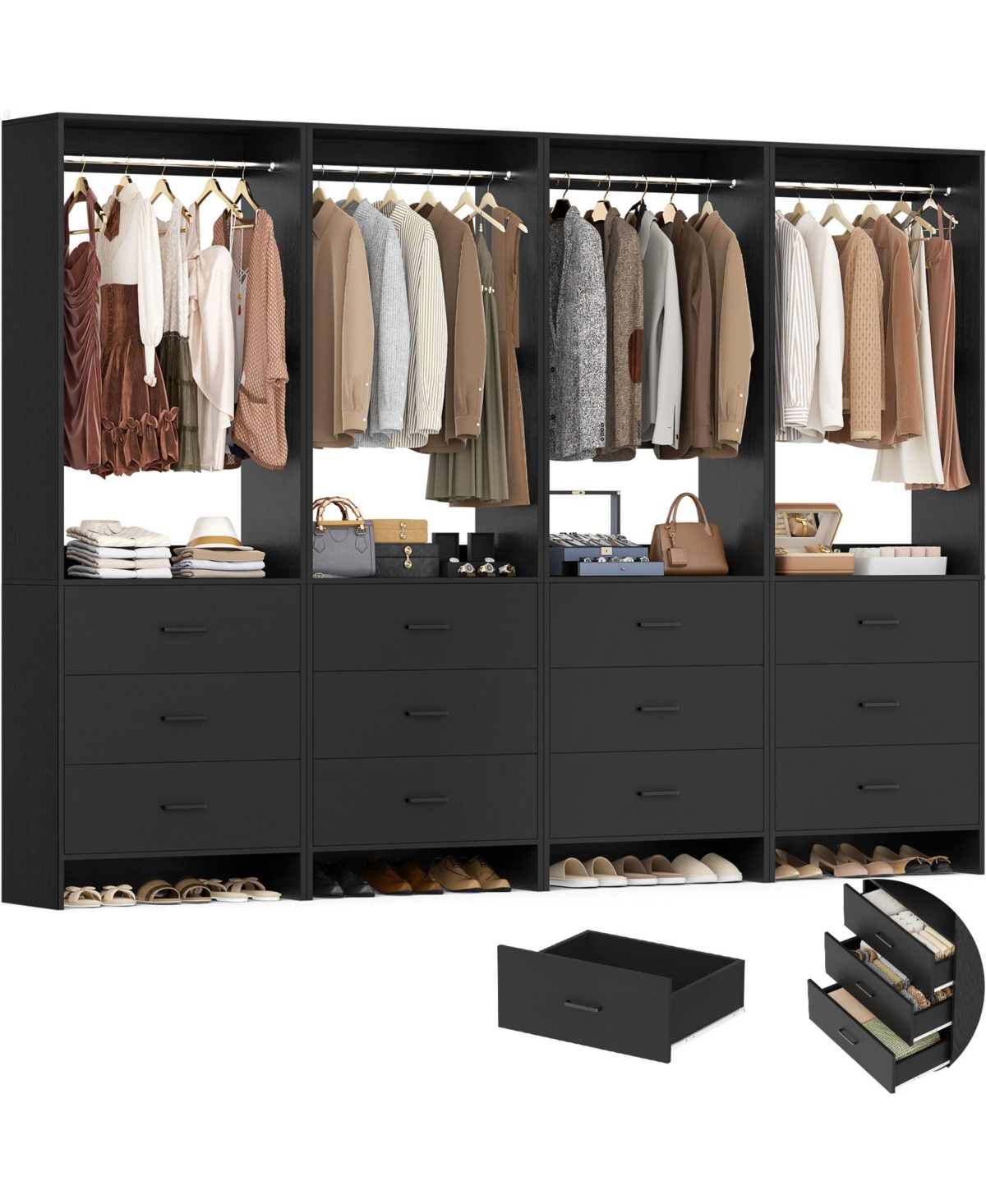 Aheaplus 24" Freestanding Closet Organizer System with Hanging Rods and Drawers