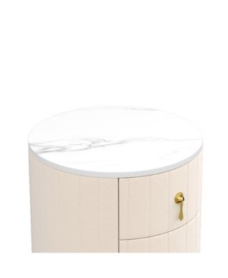 Round Upholstered Nightstand Bedside Table with 3 Drawers, Metal Handles, Marbling Stickers Top for Bedroom, Fully Assembled Except Handles