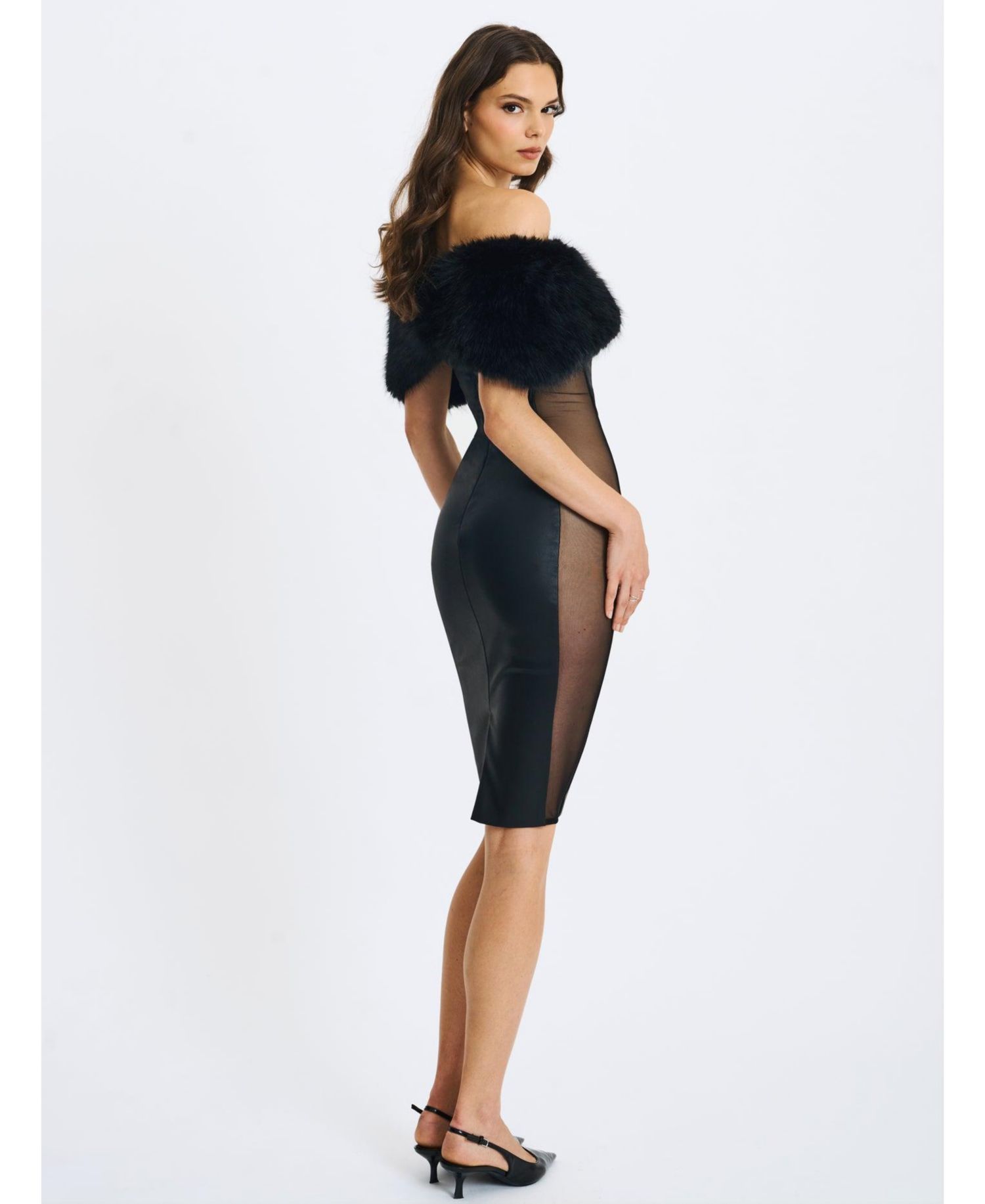 Women Bellis Black Fur Trim Mesh Panel Off-Shoulder Midi Dress