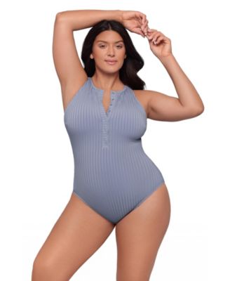 Women's S3 Smoothing Ribbed High-Neck Snap-Front One Piece Swimsuit