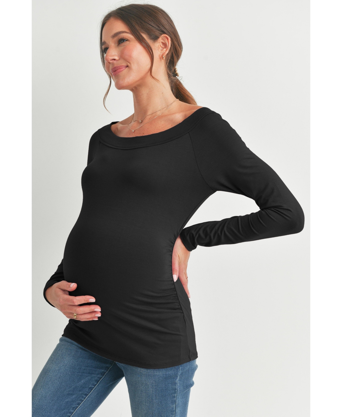 Hello Miz Maternity Ruched Long Sleeve Boat Neck Top