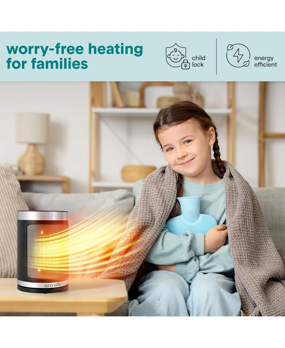 SereneLife Portable Space Heater, 1500W Ptc Ceramic Heater with Thermostat, Remote, 12-Hour Timer, 3 Modes, Oscillation