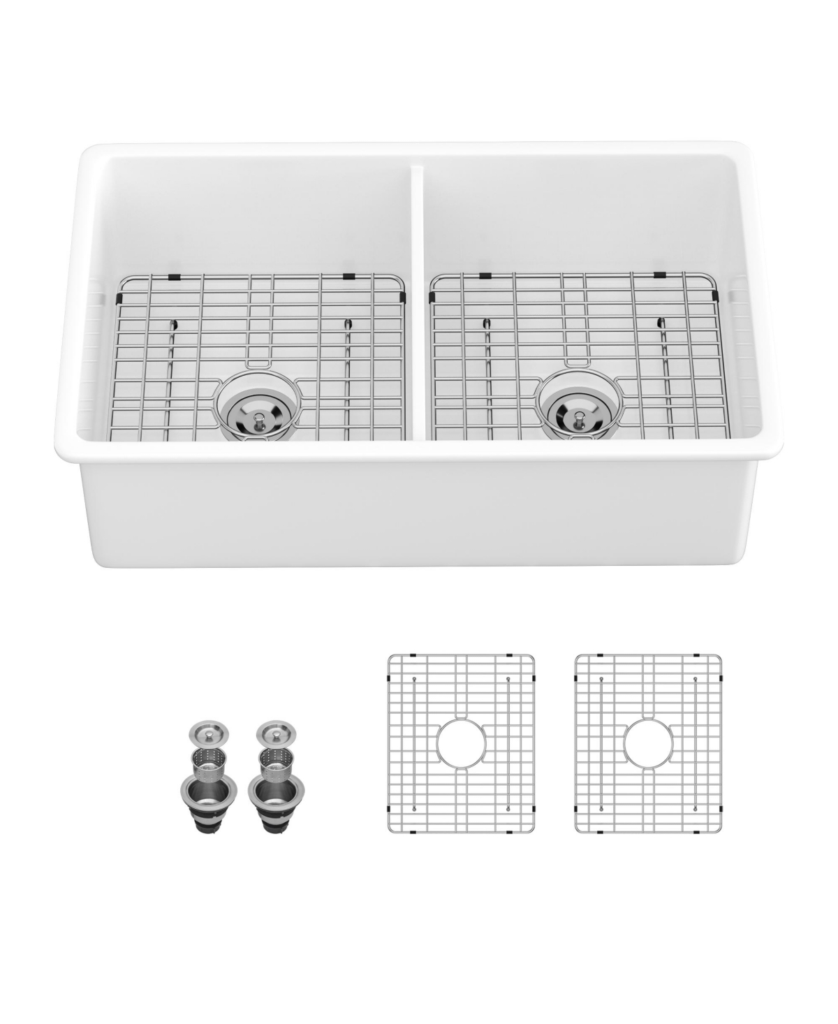 flynama 32x19x10inch White Fireclay Double Bowl Kitchen Sink Undermount Dual Mount