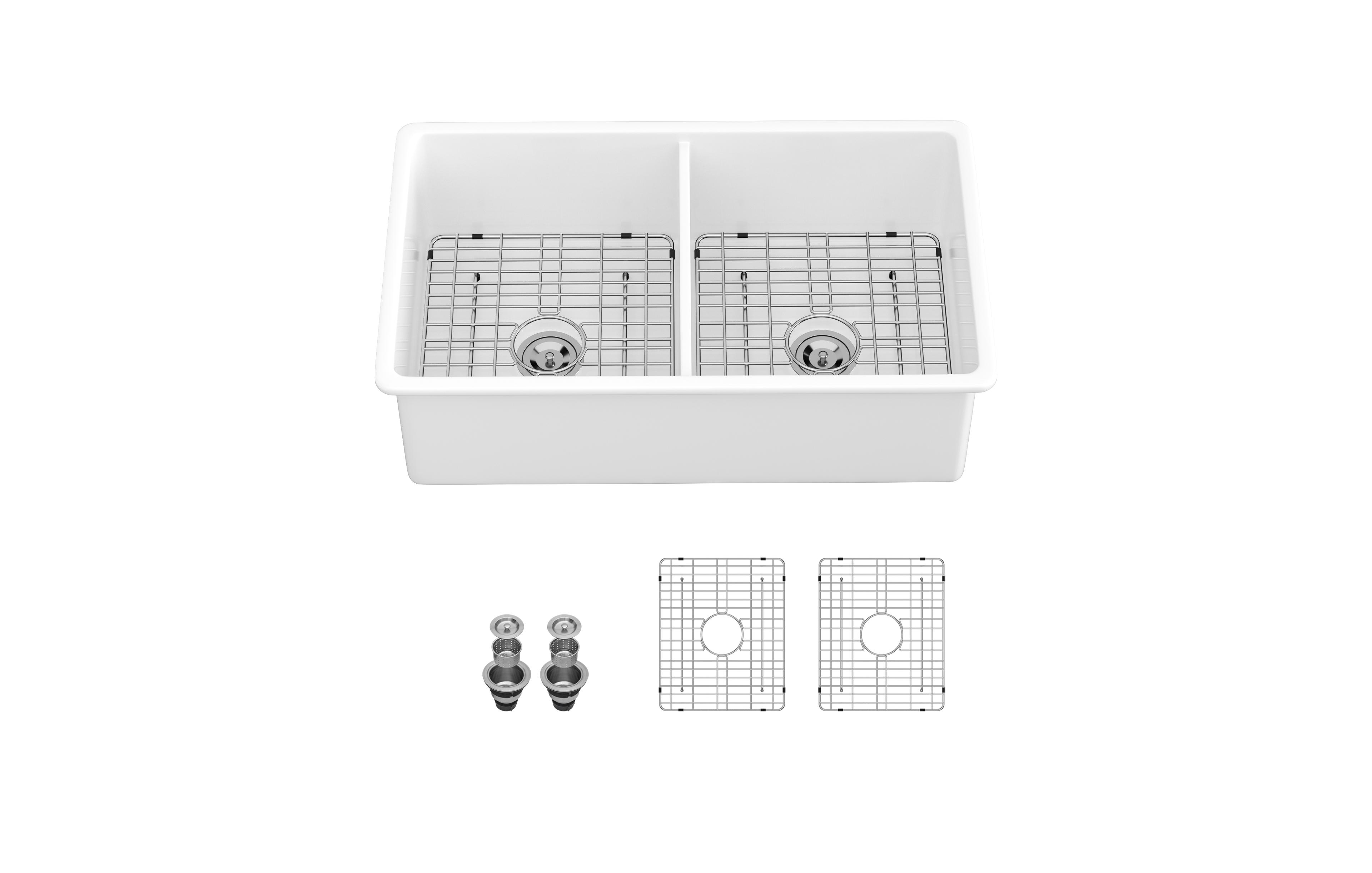 flynama 32x19x10inch White Fireclay Double Bowl Kitchen Sink Undermount Dual Mount