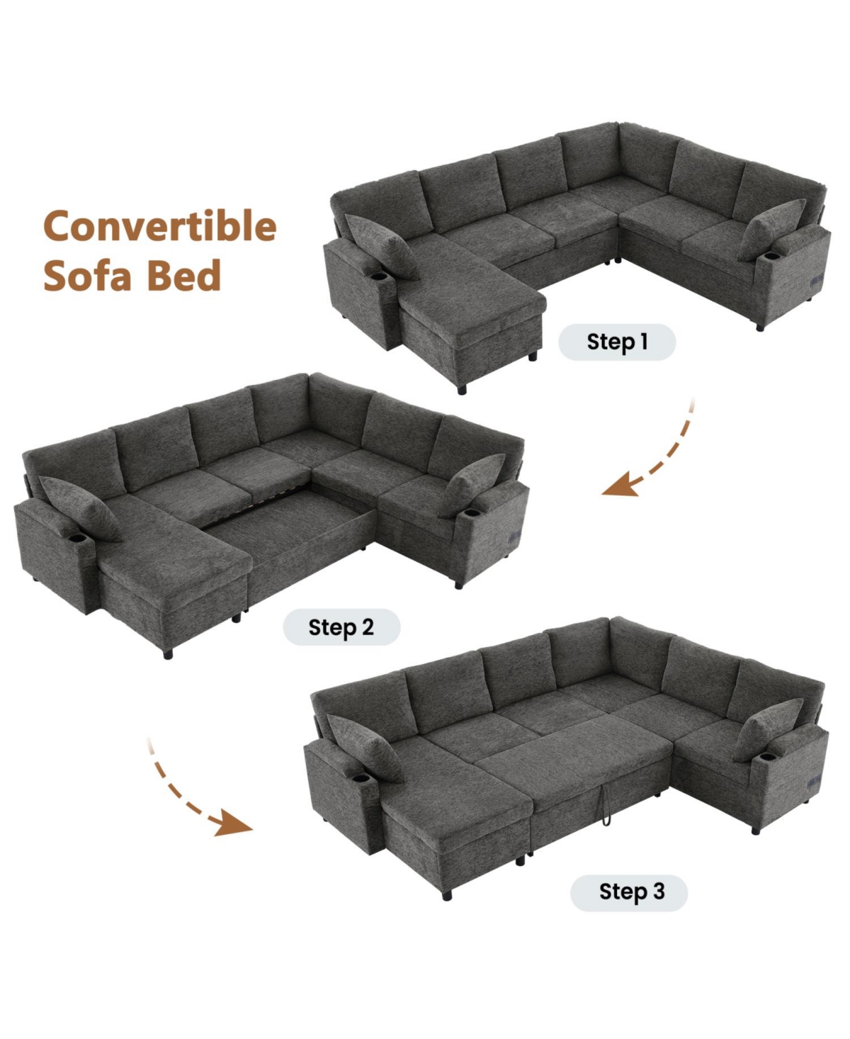 Streamdale Furniture 109.9" U-Shaped Sectional Sofa Bed with Storage, Cup Holders & Charging