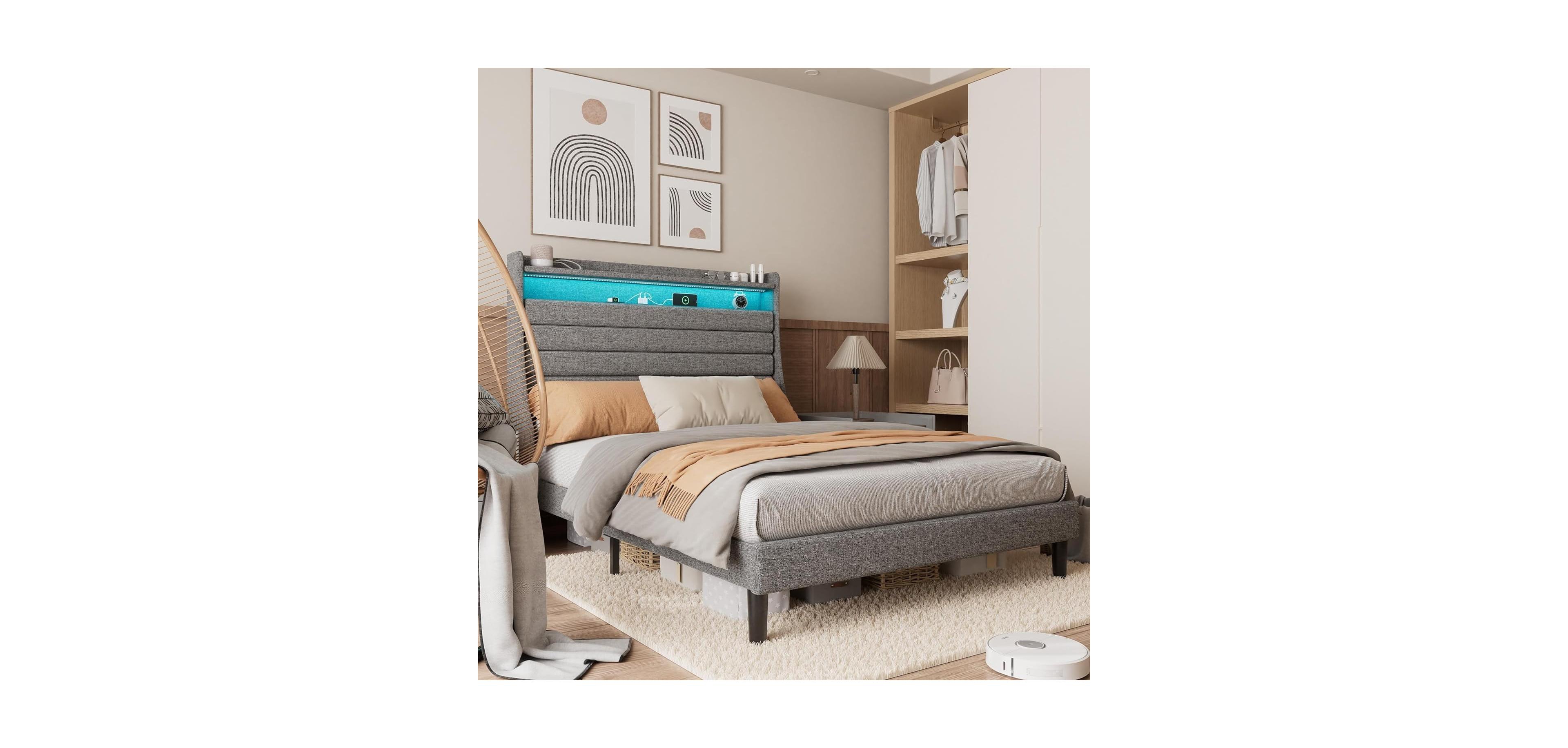 gaomon Easy Assembly Full Size Bed Frame Storage Headboard Space Saving, for Living Room, Guest Room