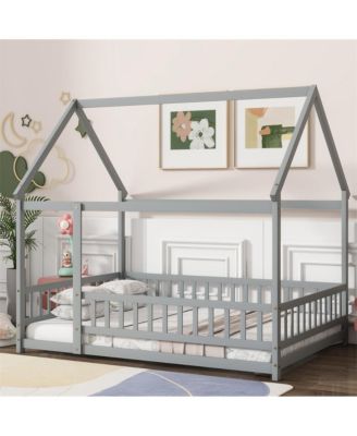 Full Size House Floor Bed with Roof Frame & Safety Guardrails Wooden Play Bed for Kids and Teens