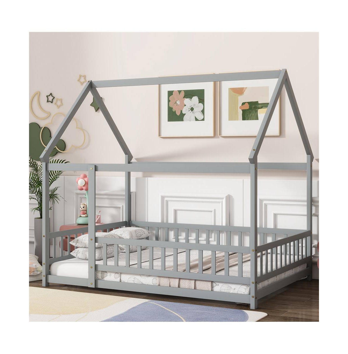Cesicia Full House Floor Bed with Roof Frame & Safety Guardrails Wooden Play for Kids and Teens