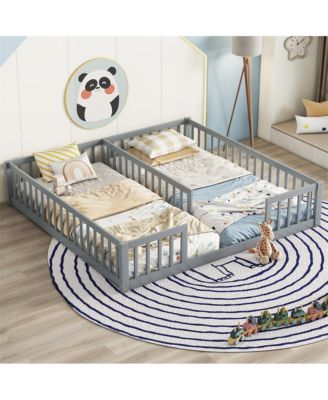 Double Twin Floor Bed with Safety Fence Low Profile Shared Sleeping Bed for Kids No Door Design