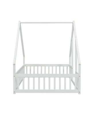 Full Size Wood House Floor Bed with Safety Fence & Roof Frame Play Bed for Kids and Teens