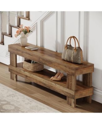 Entryway Bench, 59-Inch Farmhouse Shoe Bench Seat, 2-Tier Narrow Long End of Bed Storage Benches, Rustic Brown