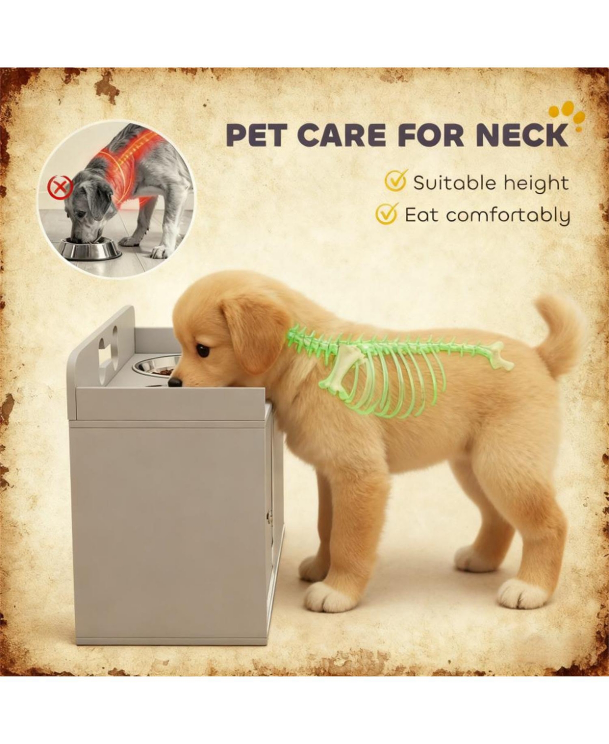 Aostirmotor 23.6 in. Wide Dog Bowls with 2 Stainless Steel Bowl in Grey