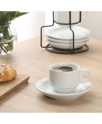 Gracious Dining 3-Ounce Espresso Cups Set of 4, Small Stackable Coffee Cups with 4 Saucers, Metal Stand, Ceramic Demitasse Mugs