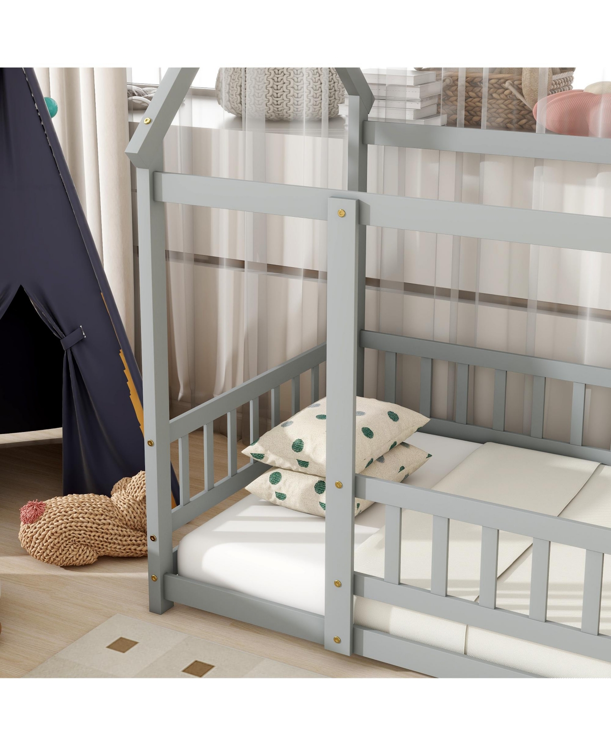 Cesicia Twin House-Shaped Floor Bed with Fence & Roof Frame Wooden Play for Kids Room