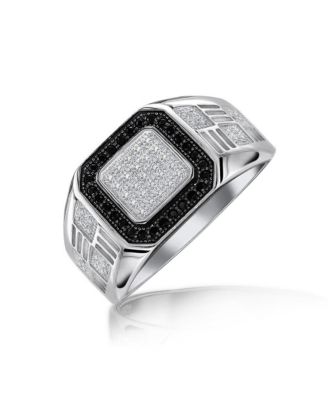 Mens Micro Pave Black Halo Square Two Tone CZ Statement Ring Sterling Silver