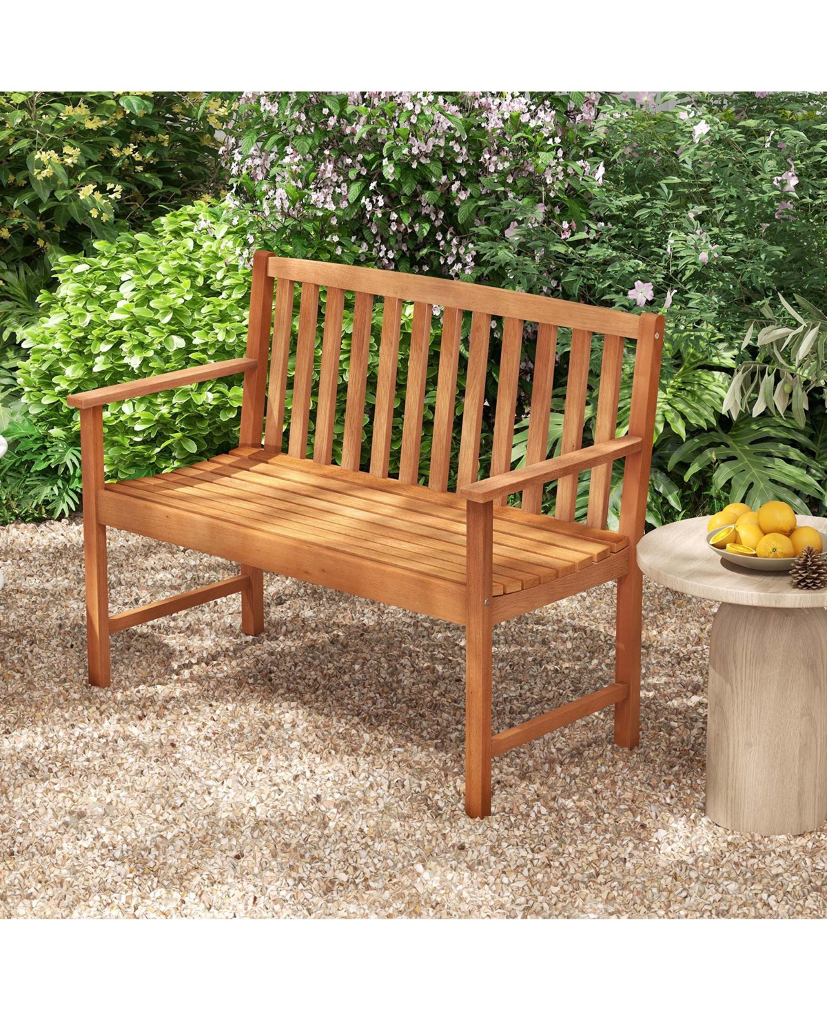 Costway 2-Person Outdoor Garden Wood Bench with Backrest Armrests for Yard Porch