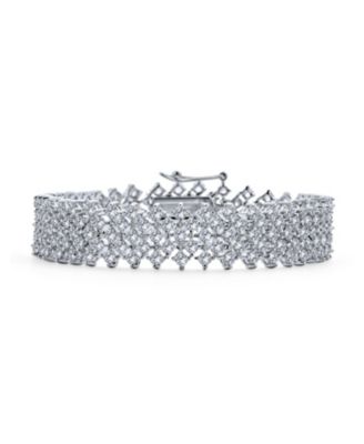 Special Occasion Jewelry Multi Row Wide Cubic Zirconia CZ Statement Bracelet Silver Plated