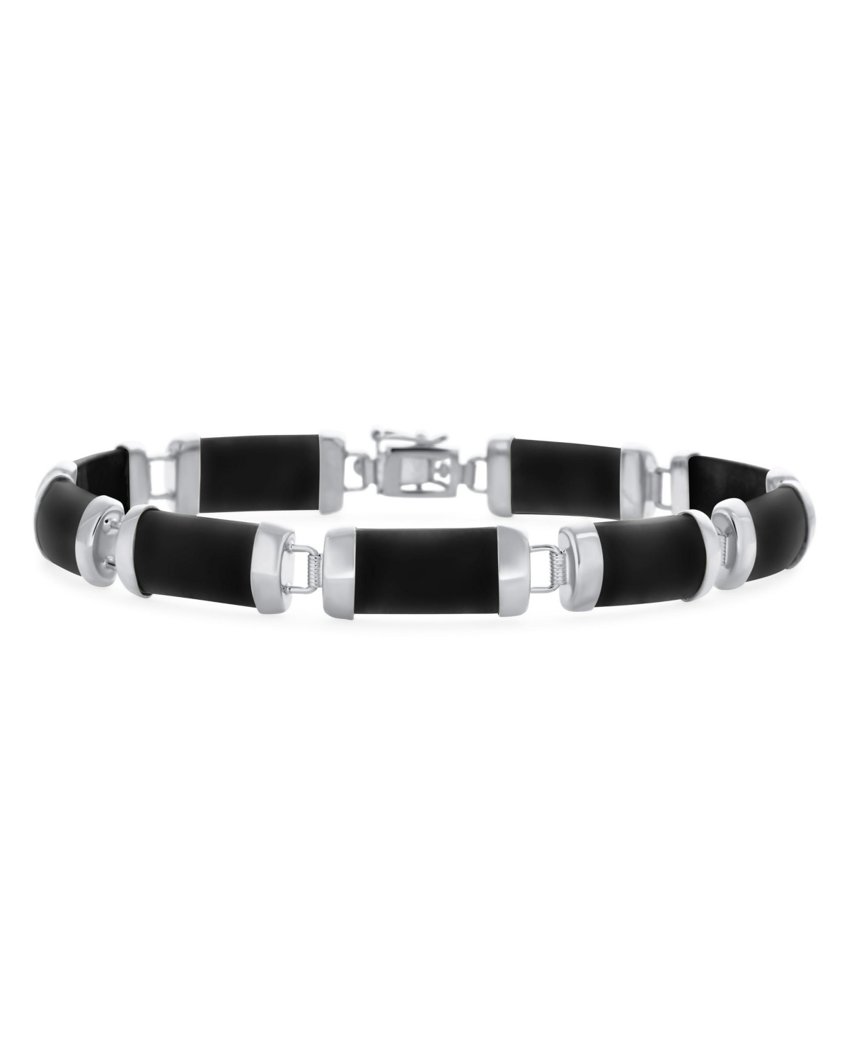 Bling Jewelry Natural Black Onyx Contoured Bar Link Strand Bracelet .925 Sterling Silver 7.5 Inch