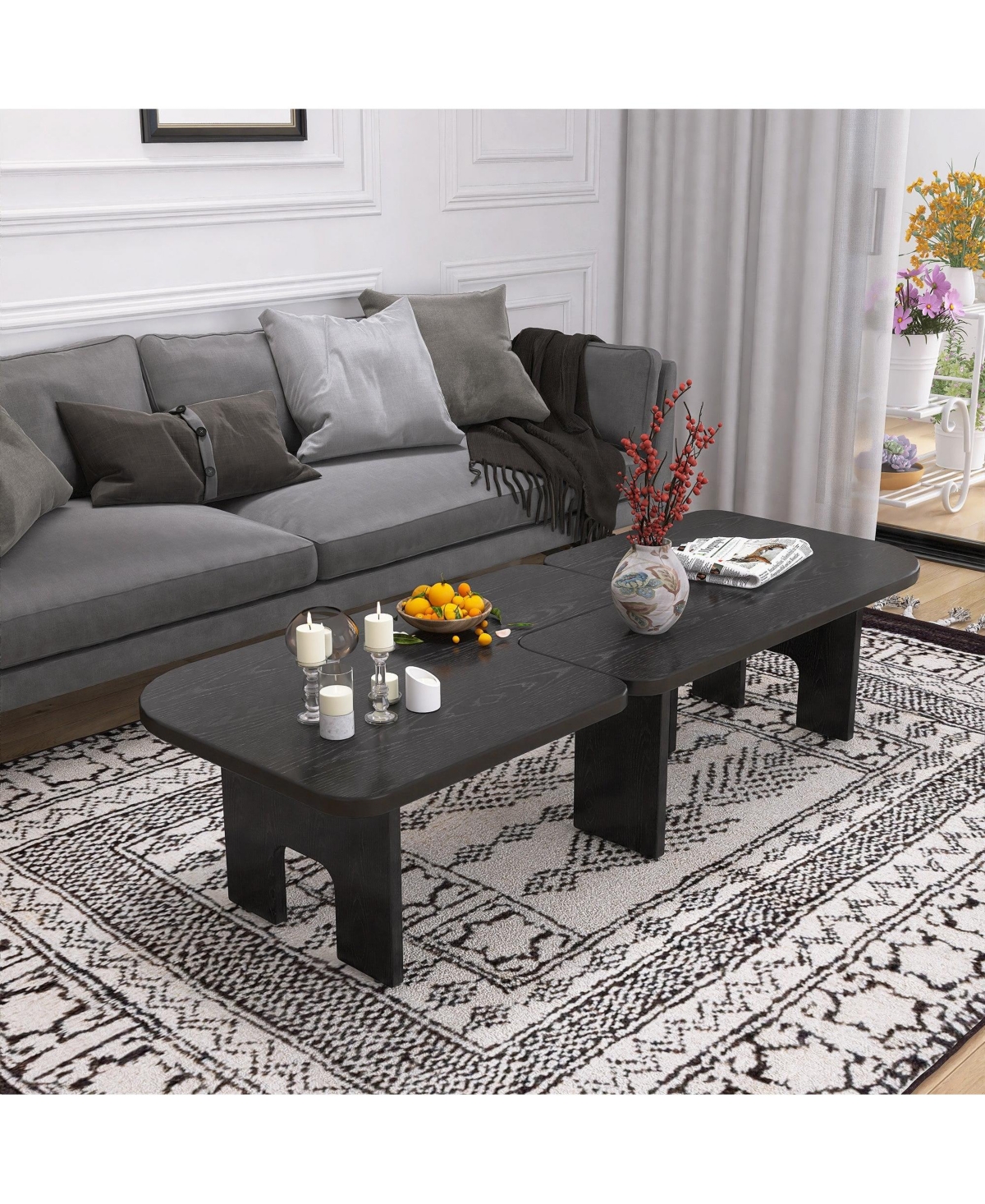 Boyel Living Modern Black Wooden Nesting Coffee Table Set, 70.86" Extendable Splicing Center Table for Living Room