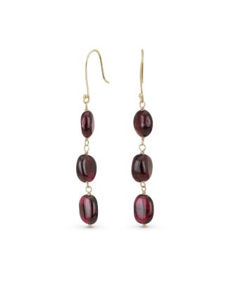 Long Linear Yellow 14K Gold Three Oval Natural Garnet Turquoise Tanzanite Dangling Earrings Fish Hook