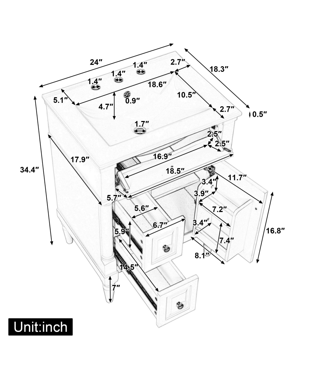 Cesicia 24 in. Freestanding Bathroom Vanity with Sink, Flip Drawer, Adjustable Shelf, Solid Rubberwood Frame, Mdf Panels and Metal Handles