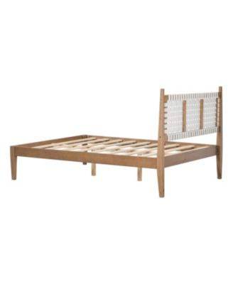 Queen Bed with Woven White Leather Back and Natural Wood Frame