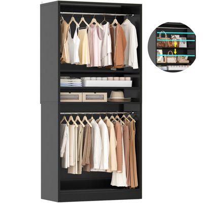 36" Wooden Closet Organizer with Adjustable Shelves, Freestanding Wardrobe with Hanging Rails