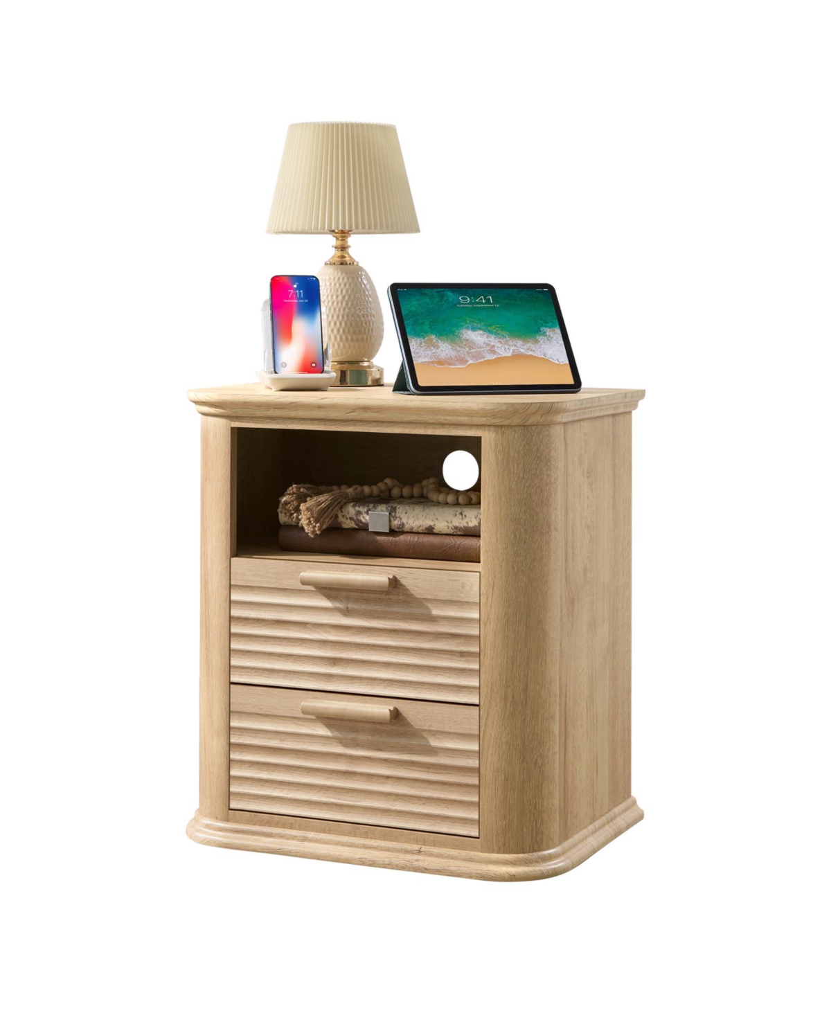 Cesicia Fluted 22 in. Nightstand with Charging Station, 2 Drawers & Open Storage for Bedroom or Living Room