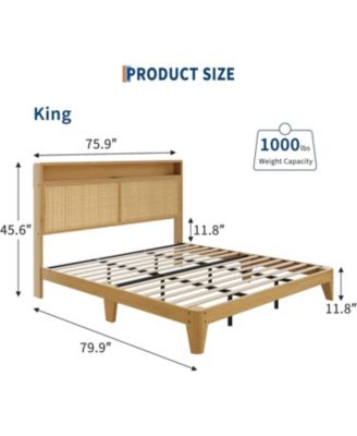 Rattan Bed Frame with LED Lights, Boho Wood Bed Frame with Storage Headboard & Charging Station, No Box Spring Needed