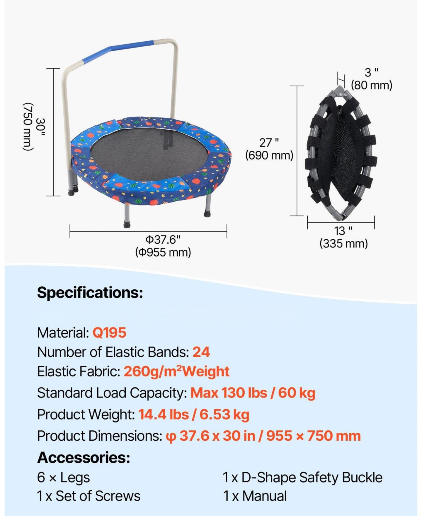 Детская игрушка Mecale 36" Foldable Mini Trampoline with Handle, 220 lb Capacity, Ages 3+, цвет: Синий — фото 4