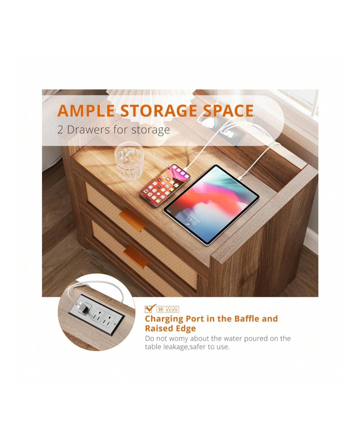 gaomon Nightstands Set Of 2 With Rattan Drawer Modern Night Stand For Bedrooms Wooden 2 Drawer Bedside Table Side Table