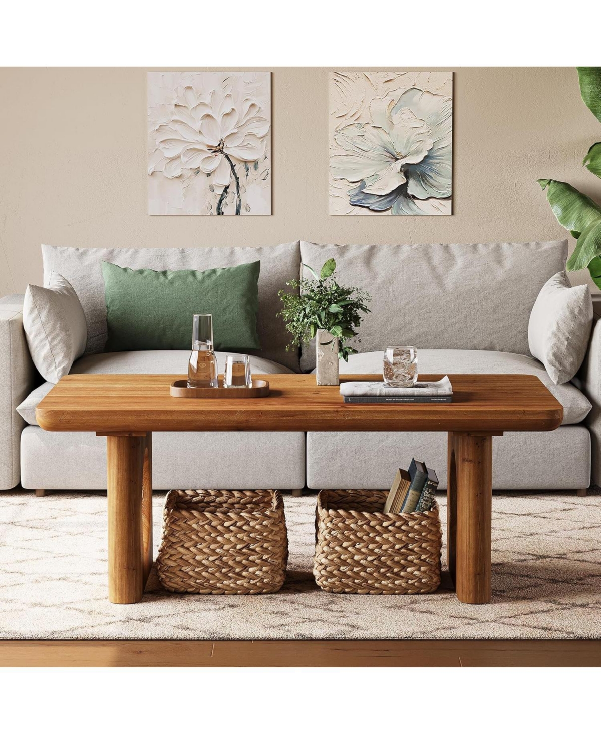 Tribesigns Solid Wood Coffee Table, Modern Farmhouse Coffee Table with Thick Tabletop, Rectangle Center Table