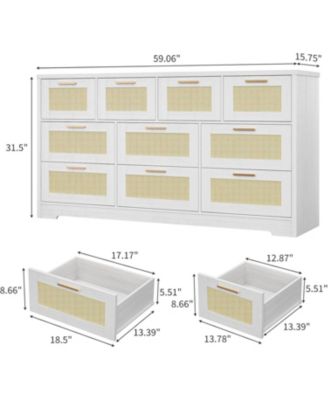 10 Drawer Dresser for Bedroom, 59'' Rattan Dresser TV Stand for 55, 65, 70 TVs