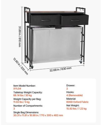 3-Section Laundry Sorter, Rolling Hamper with Wood Top, 2 Drawers, Hooks & Wheels, Pull-Out Bags, Bathroom Organizer