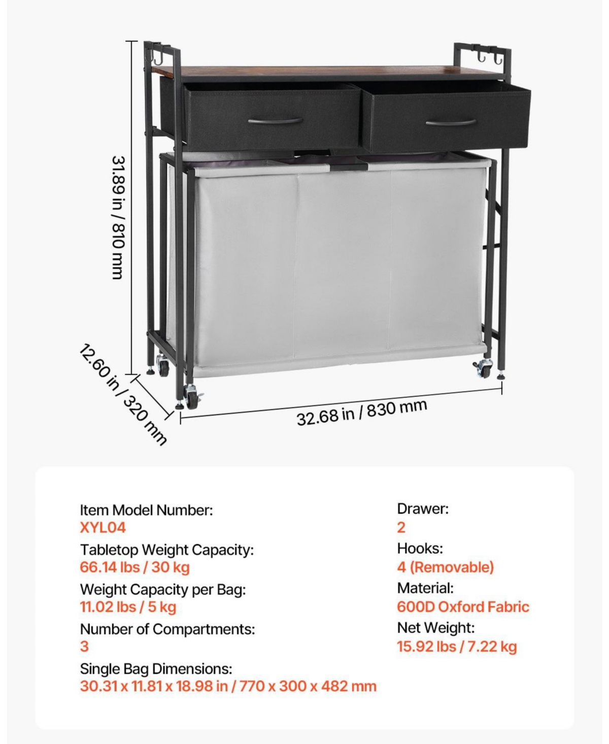 Ecooso 3-Section Laundry Sorter, Rolling Hamper with Wood Top, 2 Drawers, Hooks & Wheels, Pull-Out Bags, Bathroom Organizer