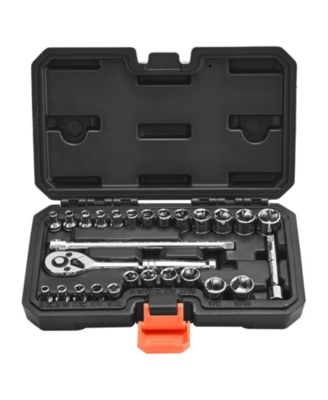 27-Pc 1/4" Socket & Ratchet Set, SAE/Metric, CR-V Steel, Case Included.