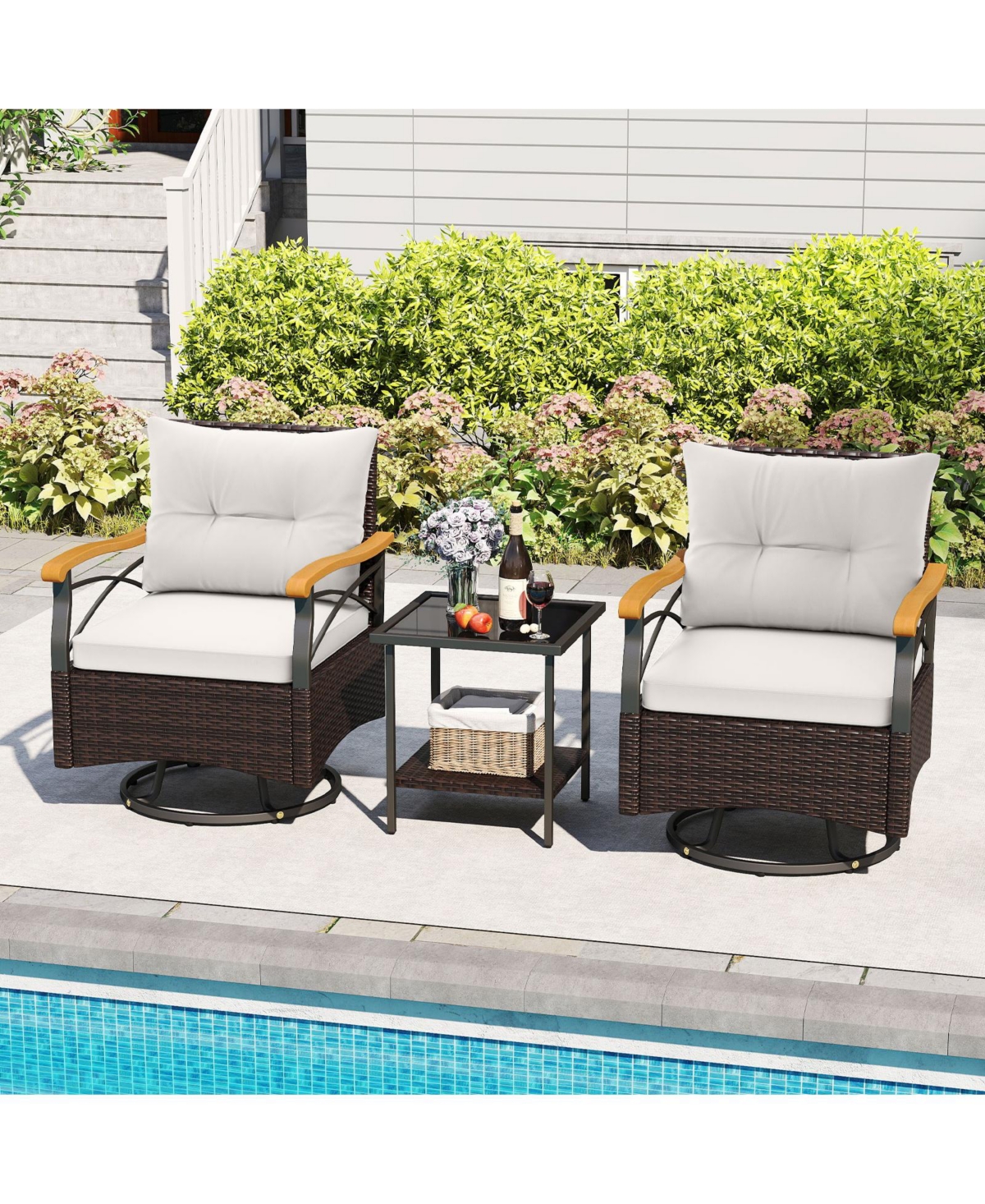 Slickblue 3-Piece Outdoor Swivel Chair Set with Glass Side Table