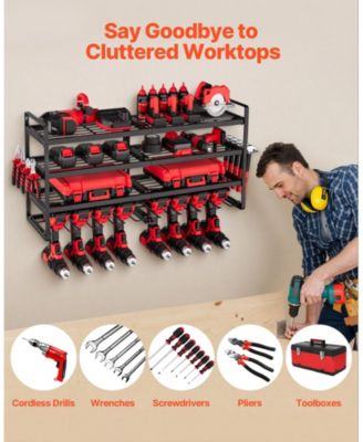 Wall-Mount Tool Organizer, 4-Tier Rack with 8 Drill Holders & Screwdriver Slots.