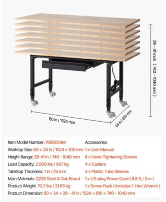 Adjustable Workbench, 60"x24" Oak Top, 2000 lb Capacity, Drawer & Power Outlets.