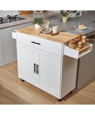 Kitchen Island Cart with Solid Wood Top, 35.4" Wide, Storage Cabinet, Drop Leaf, Drawer, Spice Rack, Towel Rack, Rolling, White
