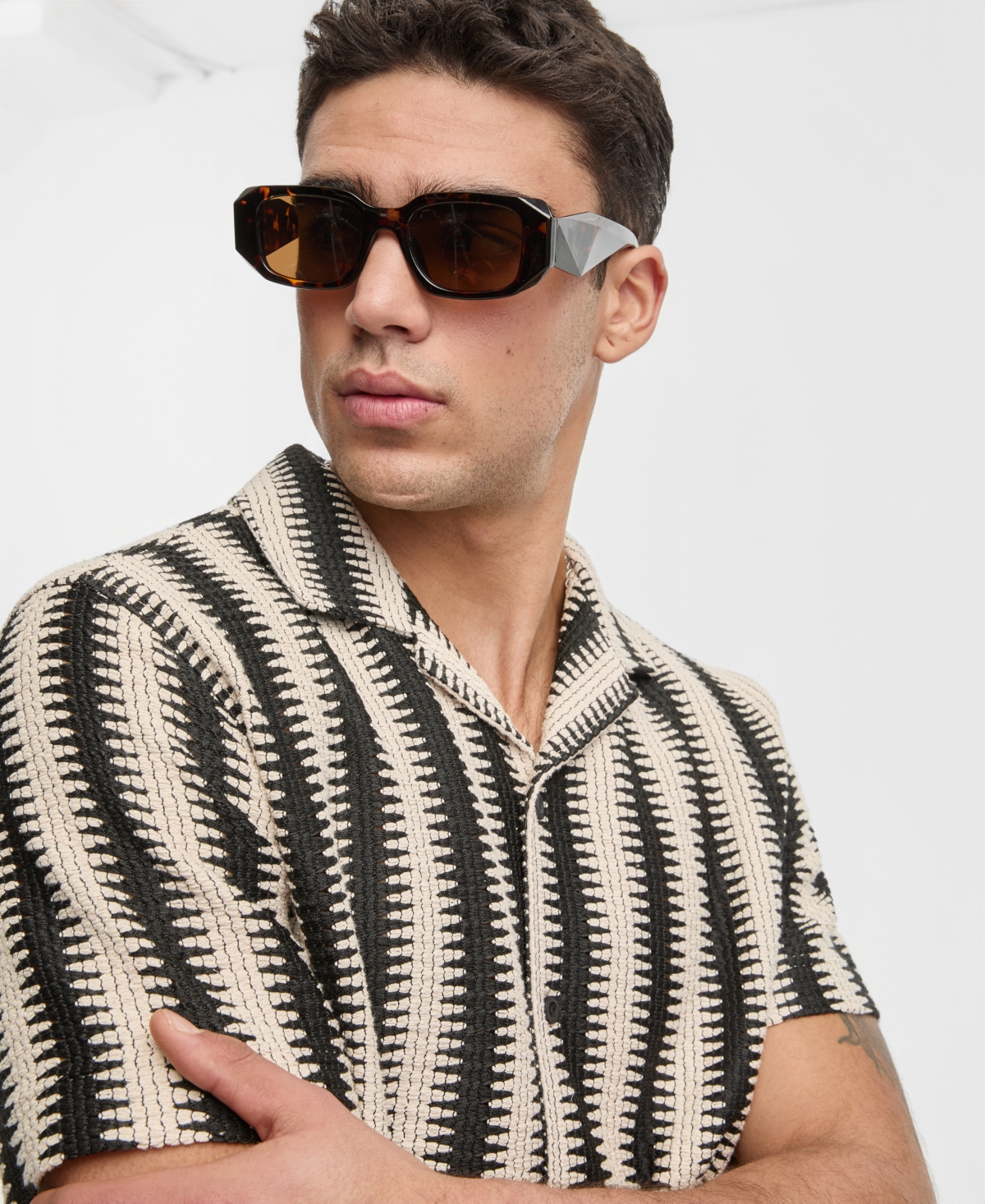 Mode of One Men's Relaxed-Fit Crochet Knit Short-Sleeve Camp Shirt, Macy's Exclusive