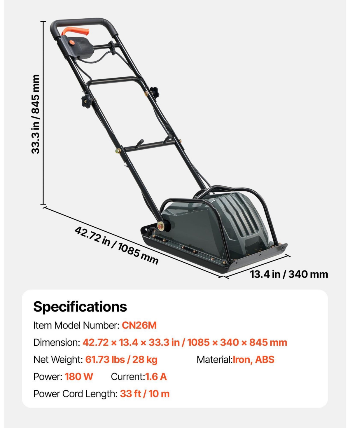 Mecale Plate Compactor, Electric Ground Rammer, 130W Output, 5 kN Force, 3.9" Depth, 16 m/min Speed, Soil Compaction Machine